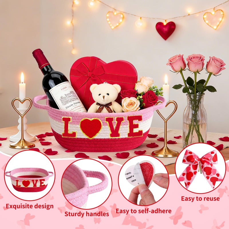 Zenoble Valentines Day Basket Set Empty Baskets for Gifts Small Woven Basket to Fill with Gift Bag Bow and Greeting Card for Valentines Wedding Party Decor Baby Shower, 12 x 8 x 5.5 Inches - Image 3