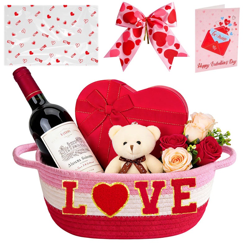 Zenoble Valentines Day Basket Set Empty Baskets for Gifts Small Woven Basket to Fill with Gift Bag Bow and Greeting Card for Valentines Wedding Party Decor Baby Shower, 12 x 8 x 5.5 Inches - Image 1