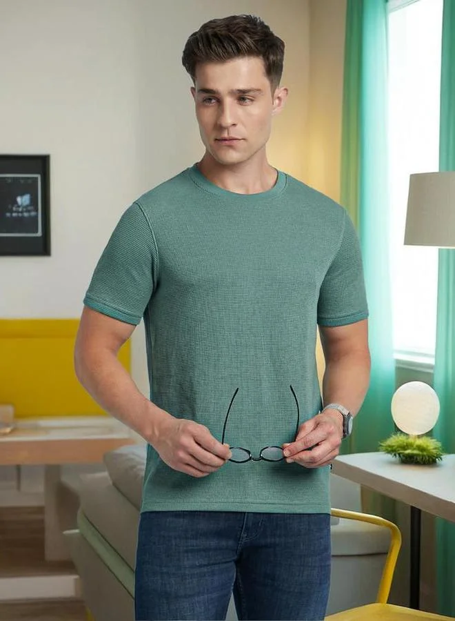 Dennis Lingo Dennis lingo Men Green Waffle Knit Regular Fit T-Shirt