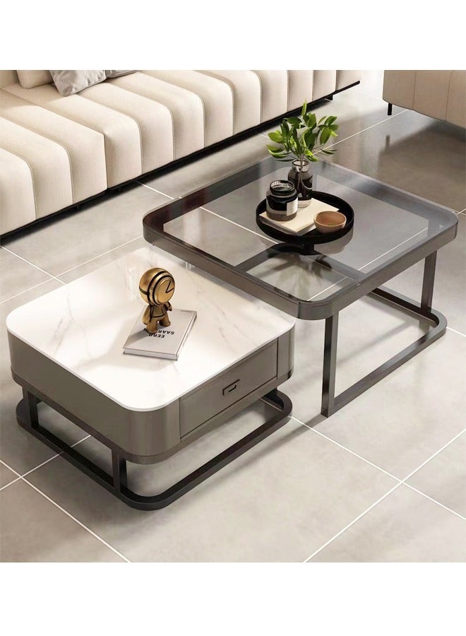 fashionhome Set of 2 Marble and Glass Coffee Tables with Metal Frame Square Coffee Tables with Storage Space Modern Design Easy Assembly for Living Room Office 70x70x45 And 60x60x38 cm  - Image 5