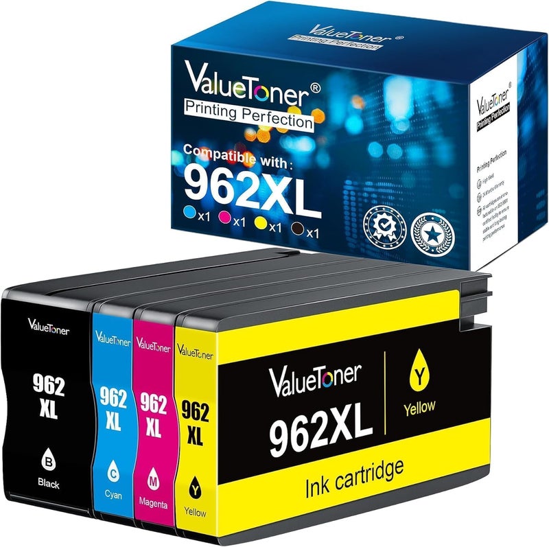 Valuetoner خراطيش حبر معاد تصنيعها بديلة لـ HP 962XL 962 XL لـ OfficeJet Pro 9015 9025 9018 9010 9012 9020 9022 9026 9027 9028 طابعة مجموعة مدمجة من خراطيش الحبر 962xl (4 قطع) - Image 1