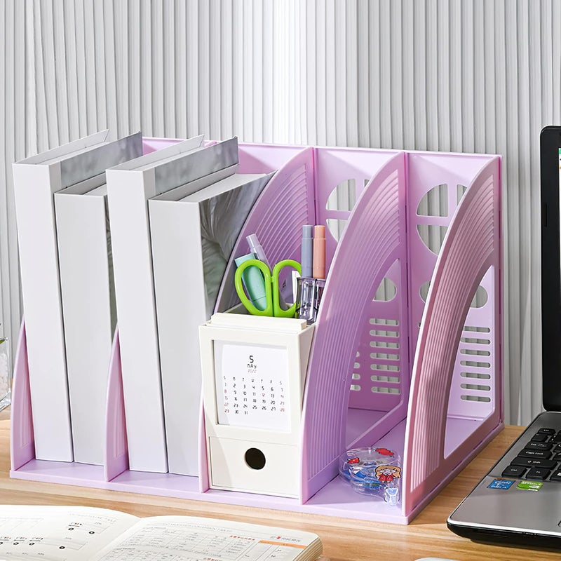 SAYEEC Magazine File Holder Folder Storage Desktop 4 Compartment Standing Hollow Purple Files Bookshelf Organizer Box Office Racks Displays Holds Notebooks Documents for School Working Students - Image 5
