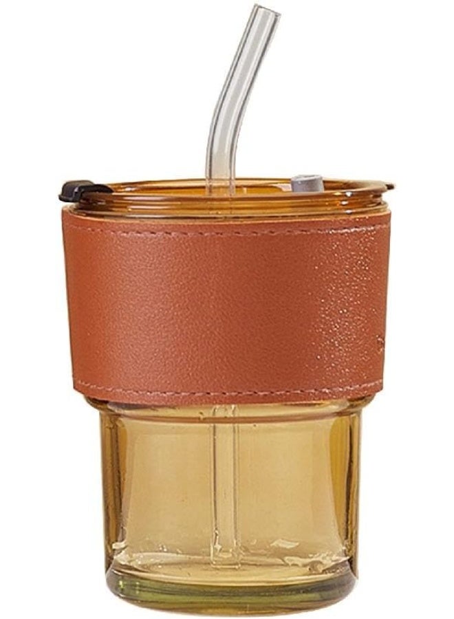 كوب زجاجي من الخيزران مقاوم للحرارة والانفجار، بتصميم بسيط، مع غطاء واحد للاستخدام المزدوج، و مع غطاء وماصة سعة 400 مل  (متعدد الألوان) - Image 1