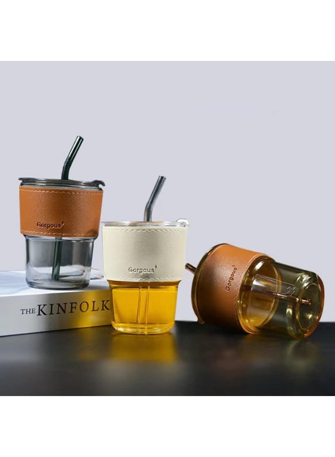 كوب زجاجي من الخيزران مقاوم للحرارة والانفجار، بتصميم بسيط، مع غطاء واحد للاستخدام المزدوج، و مع غطاء وماصة سعة 400 مل  (متعدد الألوان) - Image 3