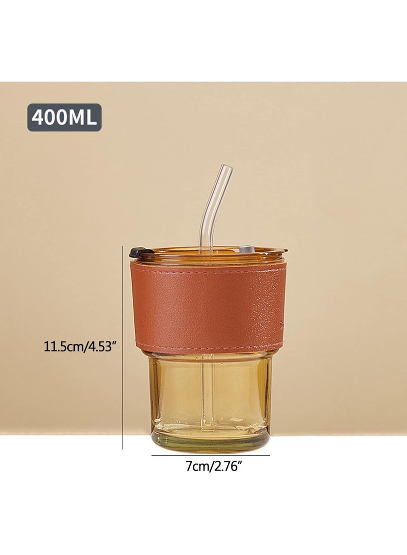 كوب زجاجي من الخيزران مقاوم للحرارة والانفجار، بتصميم بسيط، مع غطاء واحد للاستخدام المزدوج، و مع غطاء وماصة سعة 400 مل  (متعدد الألوان) - Image 4