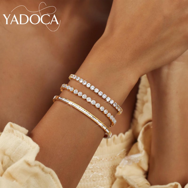 YADOCA Tennis Bracelets for Women Gold Bangle Bracelet Set 18K Gold Plated Stackable Cubic Zirconia CZ Diamond Bracelets Stack Wedding Bracelets for Brides Dainty Jewelry Gift Sizes 6.5-7.5 Inch 3Pcs - Image 4