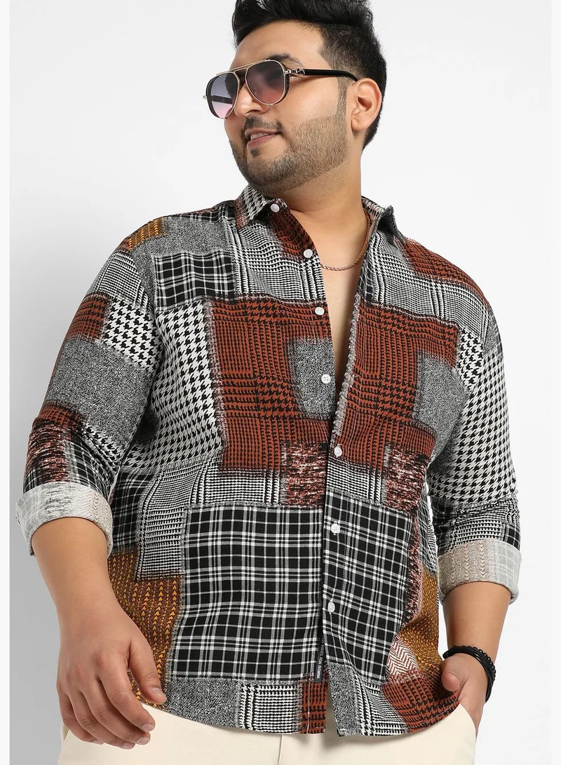 Instafab Plus Printed Spread Collar Long Sleeve Shirt