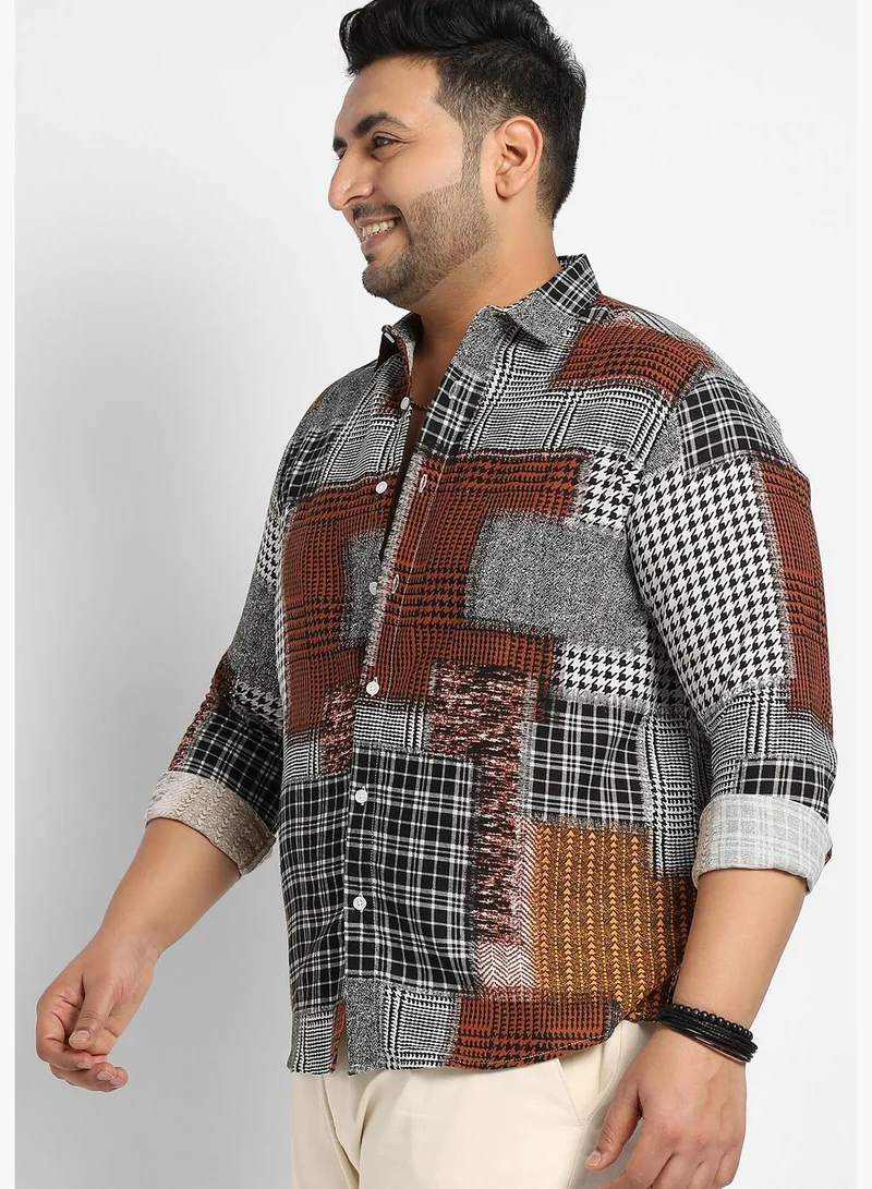 Instafab Plus Printed Spread Collar Long Sleeve Shirt