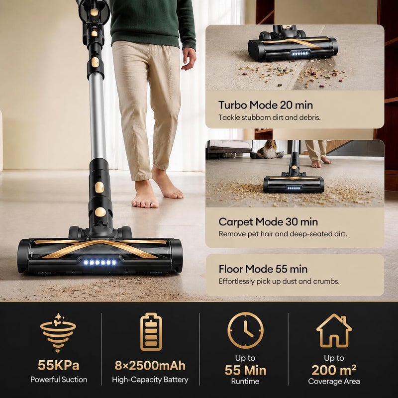 ibsun Cordless Vacuum Cleaner, 55KPa 600W Stick Vacuum with 55Min Runtime, 1.6L Dust Cup, Multi-Cyclone Filtration, Touchscreen, Anti-Tangle Brush, Wall-Mounted Charging Dock, Self-Standing - Image 2