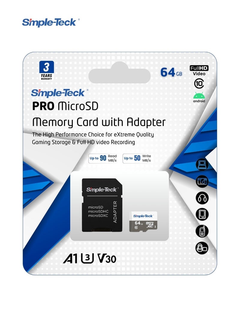 بطاقة ذاكرة Simple-Teck PRO بسعة 64 جيجابايت (microSD) من الفئات UHS-I U3 V30 A1 | سرعة قراءة تصل إلى 90 ميجابايت/ثانية وسرعة كتابة 50 ميجابايت/ثانية | مناسبة لتخزين مقاطع الفيديو بدقة Full HD والألعاب | تتضمن محول SD - Image 1