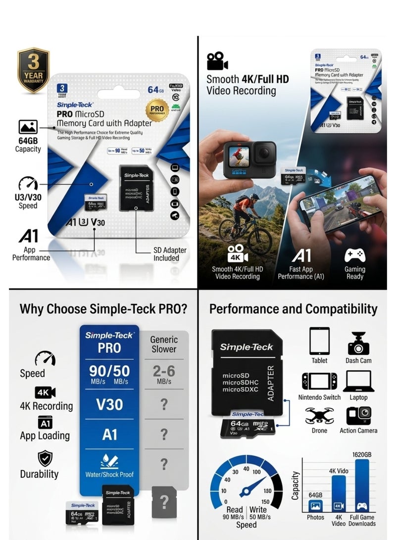 بطاقة ذاكرة Simple-Teck PRO بسعة 64 جيجابايت (microSD) من الفئات UHS-I U3 V30 A1 | سرعة قراءة تصل إلى 90 ميجابايت/ثانية وسرعة كتابة 50 ميجابايت/ثانية | مناسبة لتخزين مقاطع الفيديو بدقة Full HD والألعاب | تتضمن محول SD - Image 2