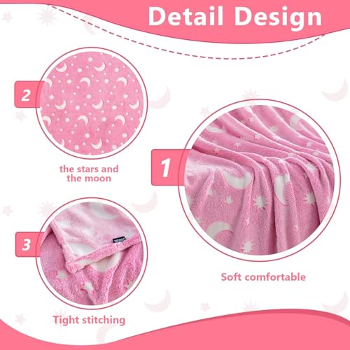 TONY STARK ULTRAAGLOW Glow in The Dark Blanket for Kids (0-15 Years, 200x152 Cm) Soft Flannel Fleece Throw, Cozy & Warm All-Season Radium Blanket for Boys & Girls (Pink Moon & Stars) - Image 4