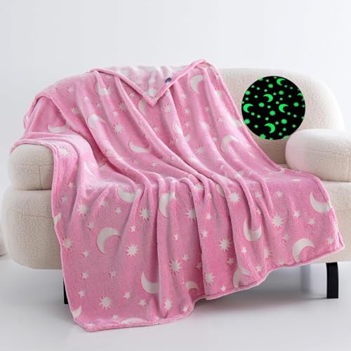 TONY STARK ULTRAAGLOW Glow in The Dark Blanket for Kids (0-15 Years, 200x152 Cm) Soft Flannel Fleece Throw, Cozy & Warm All-Season Radium Blanket for Boys & Girls (Pink Moon & Stars) - Image 1