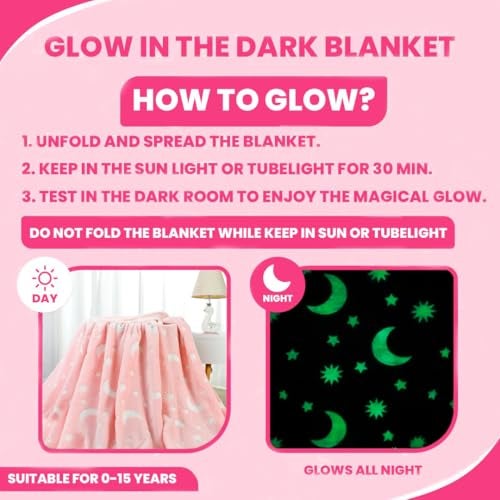 TONY STARK ULTRAAGLOW Glow in The Dark Blanket for Kids (0-15 Years, 200x152 Cm) Soft Flannel Fleece Throw, Cozy & Warm All-Season Radium Blanket for Boys & Girls (Pink Moon & Stars) - Image 2