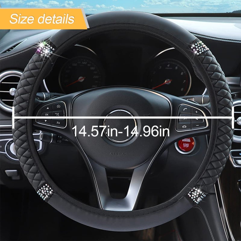 LoyaForba Bling Soft Leather Steering Wheel Cover, 15 Inch Colorful Rhinestones Auto Elastic Steering Wheel Protector, Sparkly Crystal Diamond for Women Girls, Car Accessories for Most Cars (Black) - Image 2