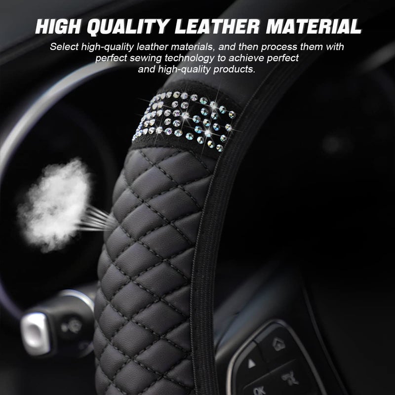 LoyaForba Bling Soft Leather Steering Wheel Cover, 15 Inch Colorful Rhinestones Auto Elastic Steering Wheel Protector, Sparkly Crystal Diamond for Women Girls, Car Accessories for Most Cars (Black) - Image 3