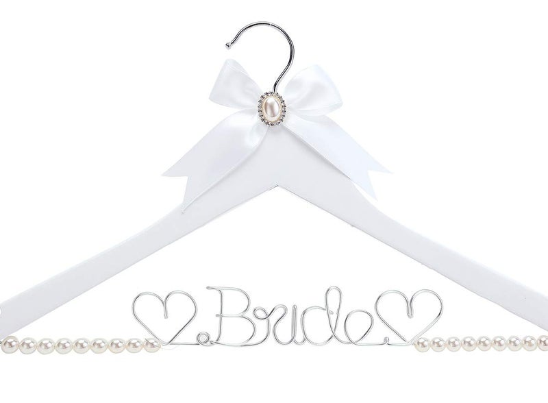 HUIDIAN White Solid Wood Bridal Dress Hanger with Bridal Wire Lettering for Bridal Wedding Party Gift (White Coat Hanger Pearl Silver Thread) - Image 1