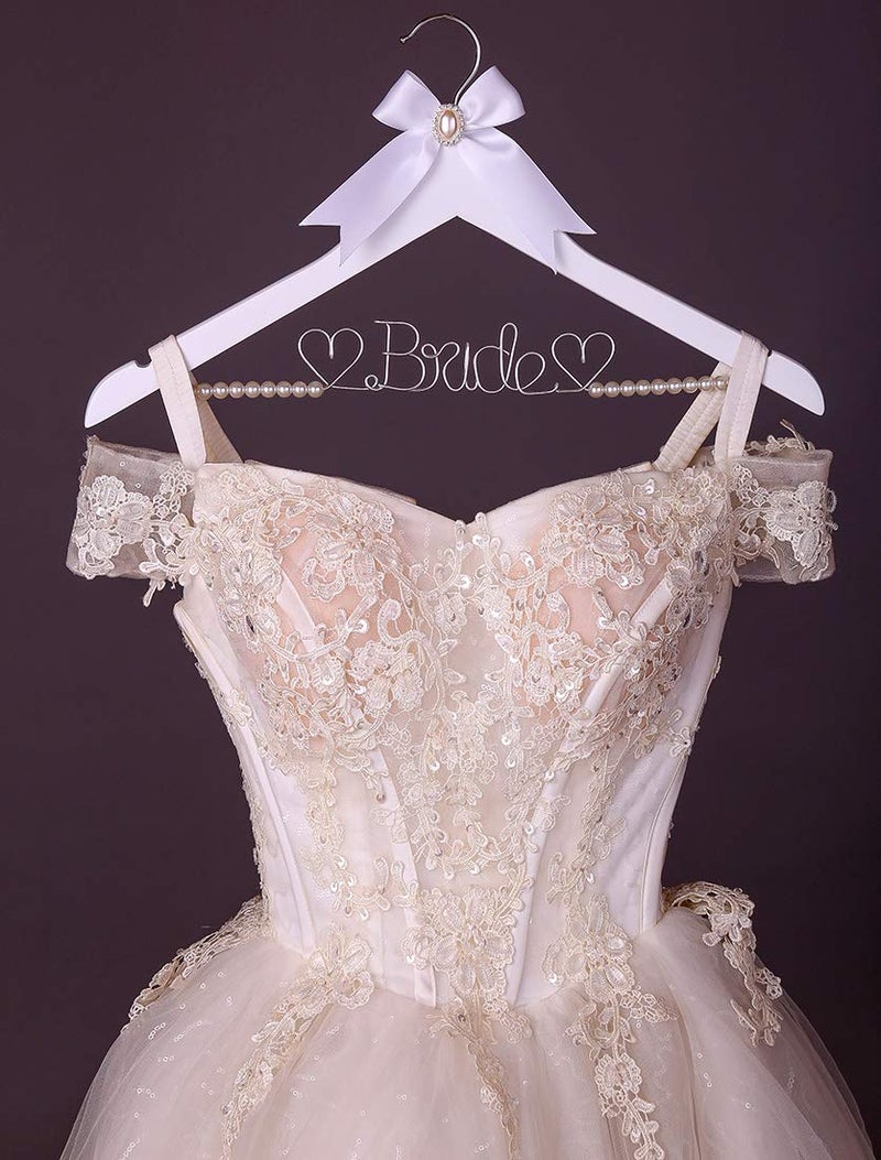 HUIDIAN White Solid Wood Bridal Dress Hanger with Bridal Wire Lettering for Bridal Wedding Party Gift (White Coat Hanger Pearl Silver Thread) - Image 3