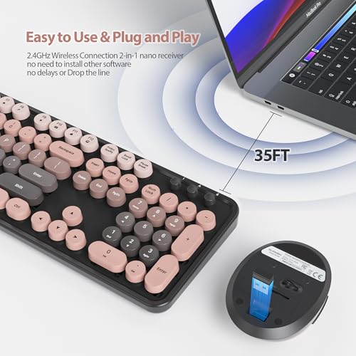 Owpkeenthy Retro Keyboard and Mouse Wireless, Cute Colorful Keyboard with Retro Typewriter Style Full-Sized with Number Pad Round Keys for Desktop, Laptop and Computerr (Gradient Heimei) - Image 2