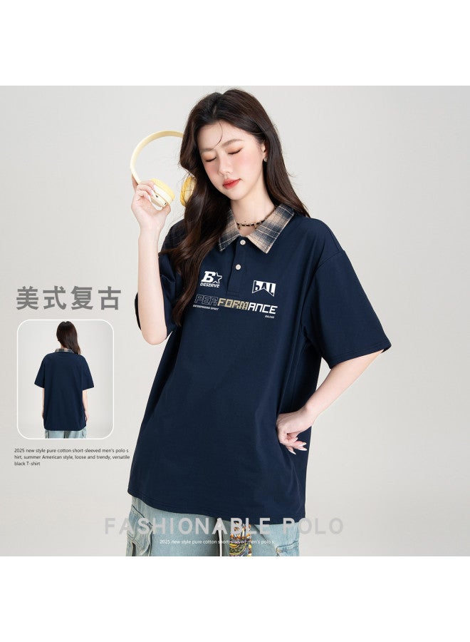 Baleno Vintage American Style Short-sleeve Couple T-shirt summer Checkered Polo Collar casual Loose Fit Youthful Daily Wear office Commute & Relaxed Look - Image 2