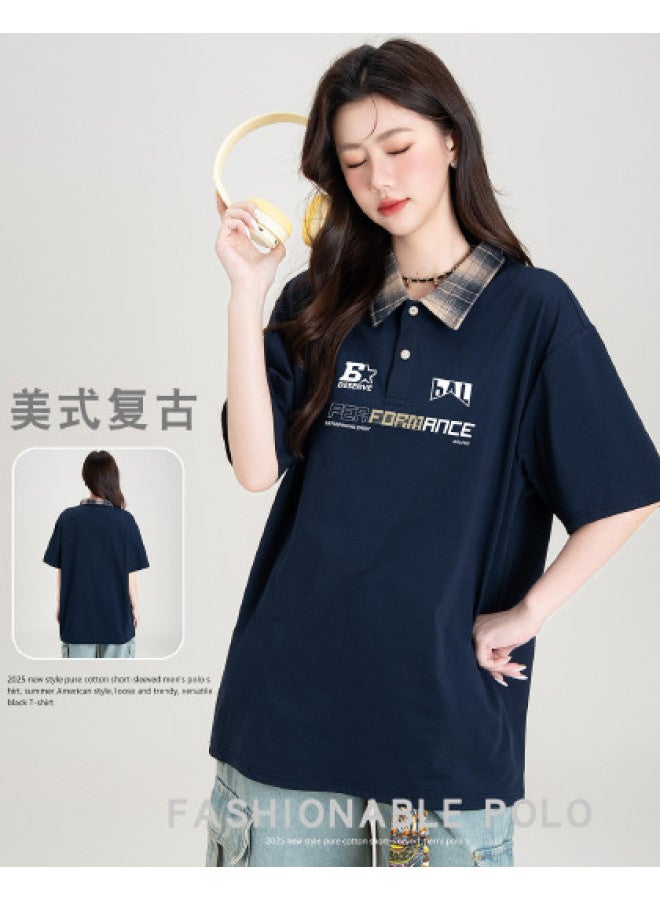 Baleno Vintage American Style Short-sleeve Couple T-shirt summer Checkered Polo Collar casual Loose Fit Youthful Daily Wear office Commute & Relaxed Look - Image 1