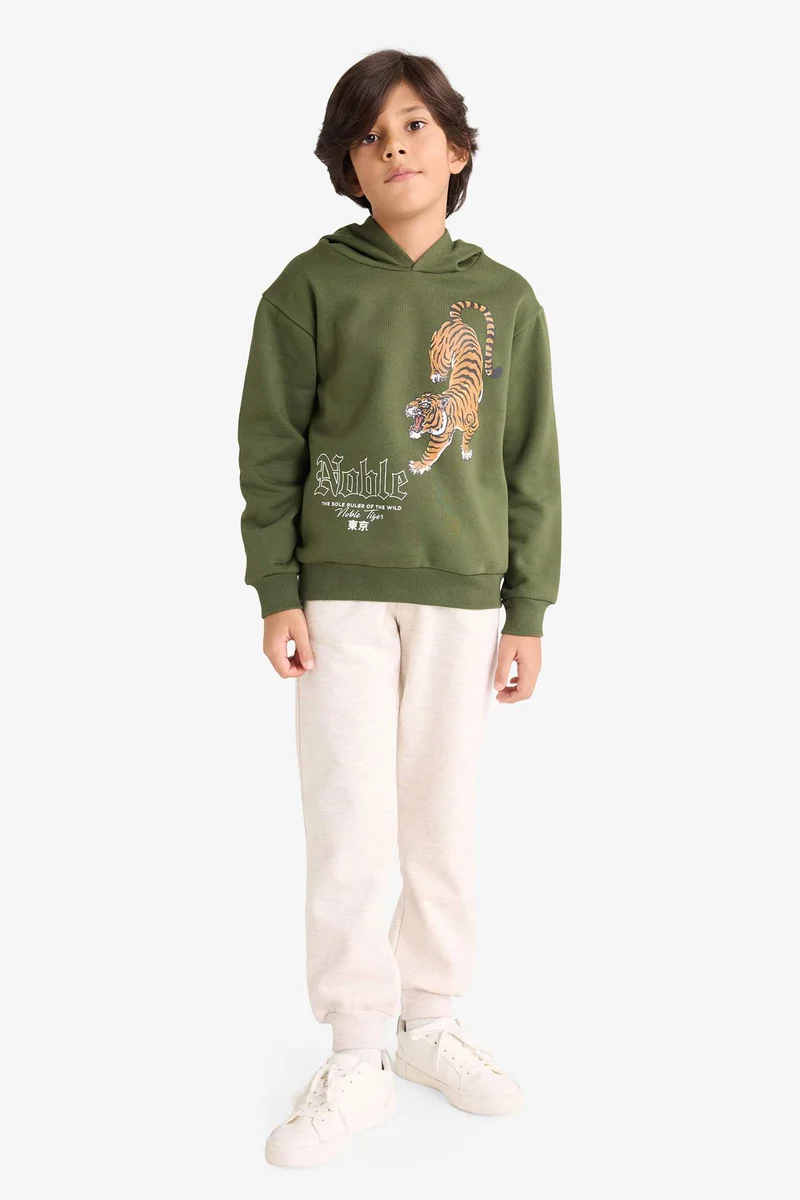 ديفاكتو Boy Tiger Print Hoodie Back Printed and Sweatpants 2 Piece Set