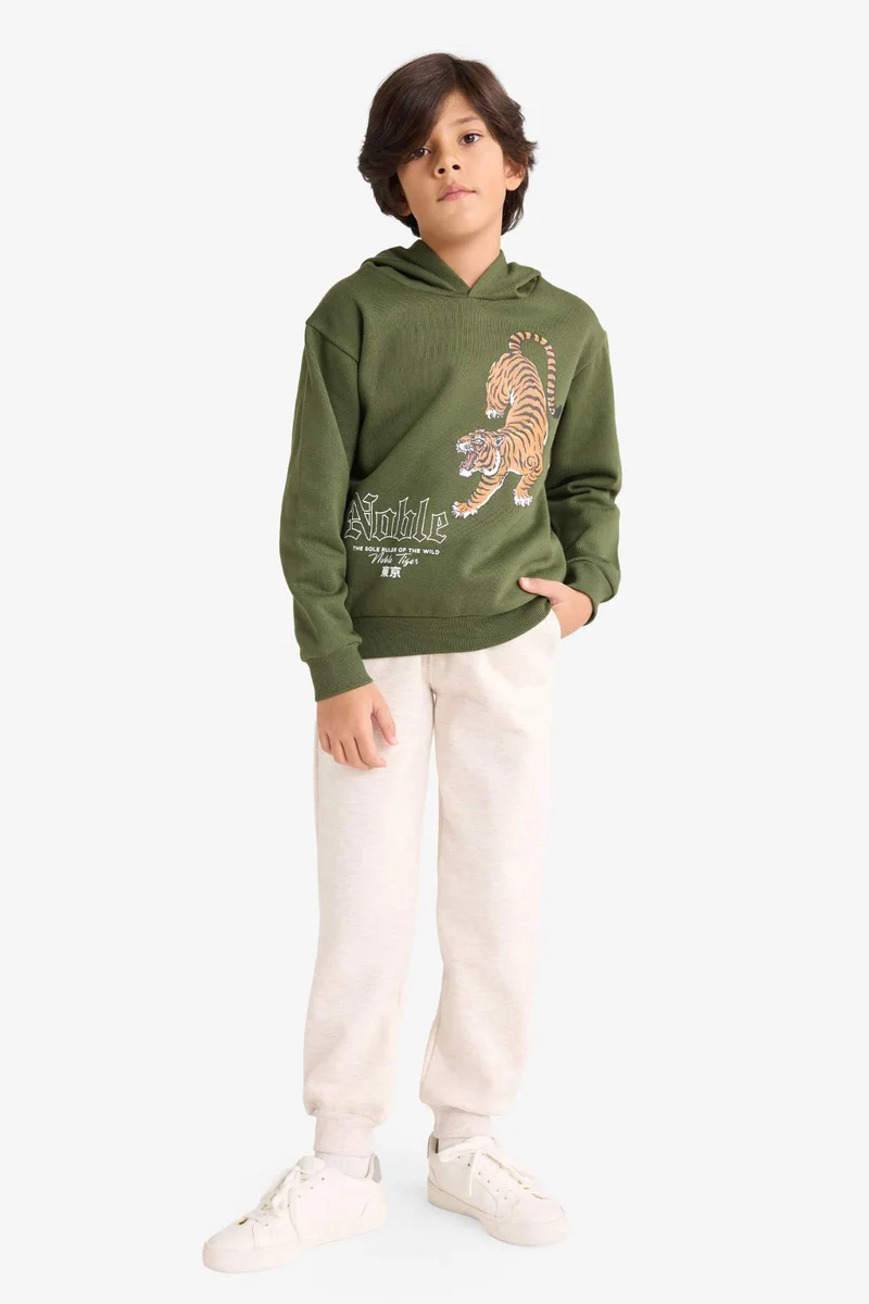 ديفاكتو Boy Tiger Print Hoodie Back Printed and Sweatpants 2 Piece Set