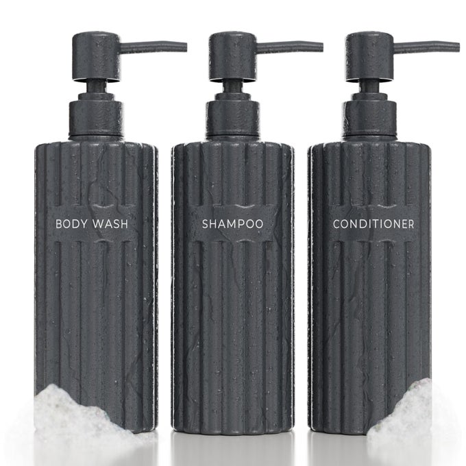 STYLISH SHAMPOO AND CONDITIONER DISPENSER SET OF 3 MODERN 19OZ SHOWER SOAP BOTTLES WITH PUMP AND LABELS EASY TO REFILL BODY WASH DISPENSERS FOR AN INSTANT BATHROOM DECOR UPGRADE