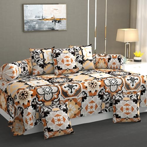 TIB Presents Flannel Warm Diwan Cover Set, 1 Single Bedsheet (60 x 90 inch), 5 Pillows (16 x 16 inch), 2 Bolster Covers (16 x 32 inch) (Circle Cream) - Image 1