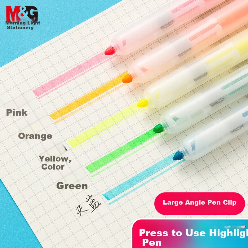 M&G Stationery Benwei 5-Color Retractable Highlighters with Wide-Angle Clip, Exam Review Highlighting Pens, Colorful Marking Pens, Fluorescent Clear Journal Pens AHM27306 - Image 1