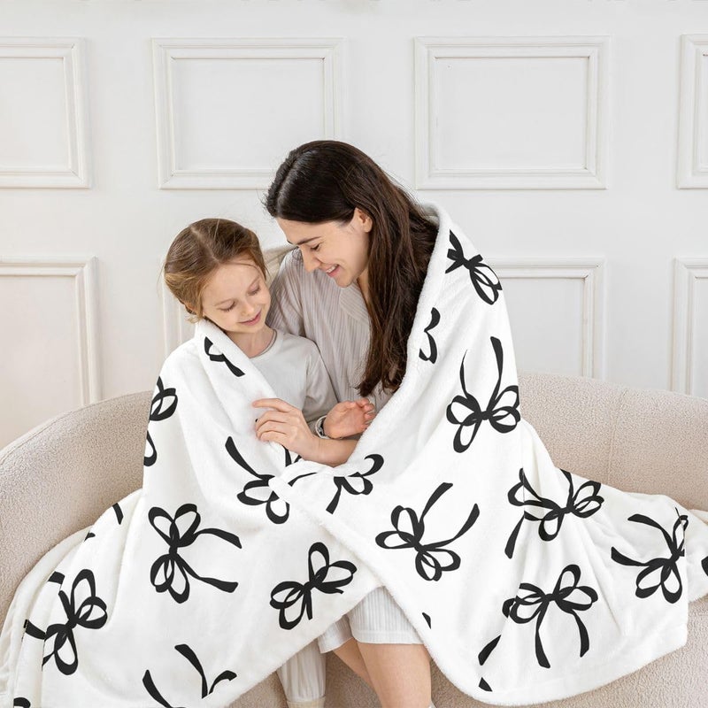 Erosebridal Bowknot Sherpa Blanket Black Watercolor Bow Fuzzy Plush Throw Fashion Coquette Bowknot Fleece Blanket for Kids Girls Teen,Black White Modern Simple Decor for Bed Couch Queen 90"x90" - Image 4