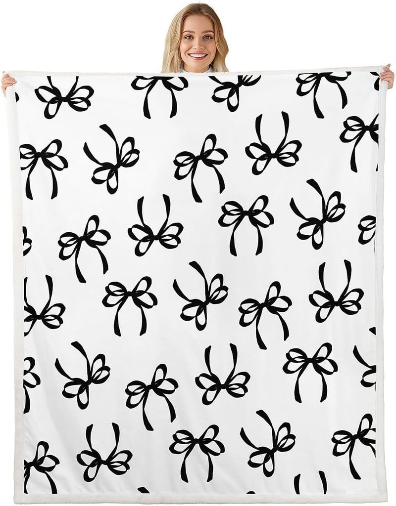 Erosebridal Bowknot Sherpa Blanket Black Watercolor Bow Fuzzy Plush Throw Fashion Coquette Bowknot Fleece Blanket for Kids Girls Teen,Black White Modern Simple Decor for Bed Couch Queen 90"x90" - Image 2