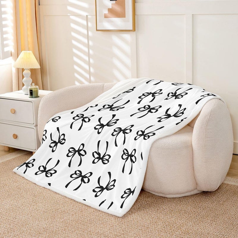 Erosebridal Bowknot Sherpa Blanket Black Watercolor Bow Fuzzy Plush Throw Fashion Coquette Bowknot Fleece Blanket for Kids Girls Teen,Black White Modern Simple Decor for Bed Couch Queen 90"x90" - Image 1