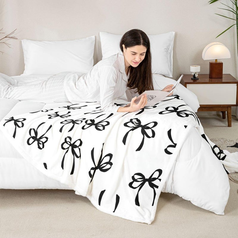 Erosebridal Bowknot Sherpa Blanket Black Watercolor Bow Fuzzy Plush Throw Fashion Coquette Bowknot Fleece Blanket for Kids Girls Teen,Black White Modern Simple Decor for Bed Couch Queen 90"x90" - Image 5