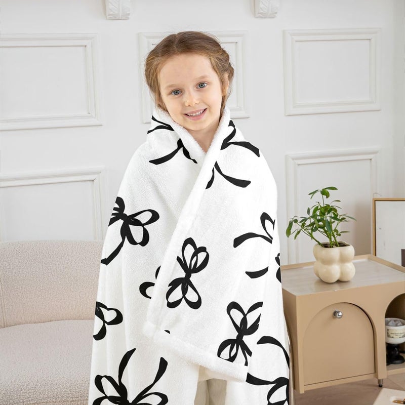 Erosebridal Bowknot Sherpa Blanket Black Watercolor Bow Fuzzy Plush Throw Fashion Coquette Bowknot Fleece Blanket for Kids Girls Teen,Black White Modern Simple Decor for Bed Couch Queen 90"x90" - Image 3