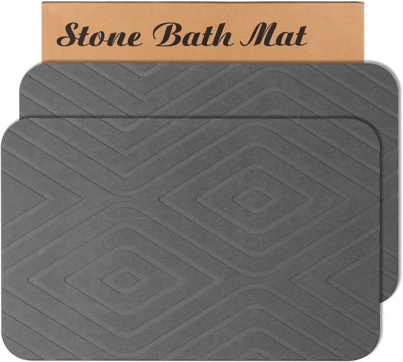 HUMIGA 2 Pack Stone Bath Mat, Diatomaceous Earth Shower Mat, Non-Slip Super Absorbent Quick Drying Bathroom Kitchen Floor Mat, 24x15, Grey - Image 1