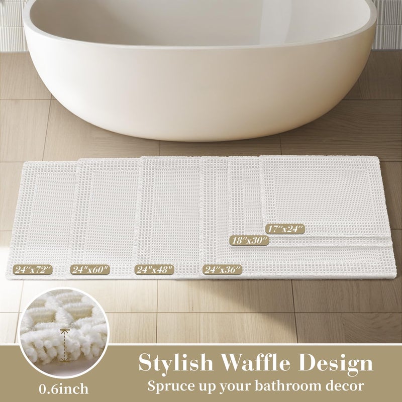 RESARE Waffle Bath Mat, Super Absorbent Non Slip, Machine Washable, Ultra Soft Boho Bath Rugs with Tassels, Upgraded Bordered Design, 17"x24" White - Image 5