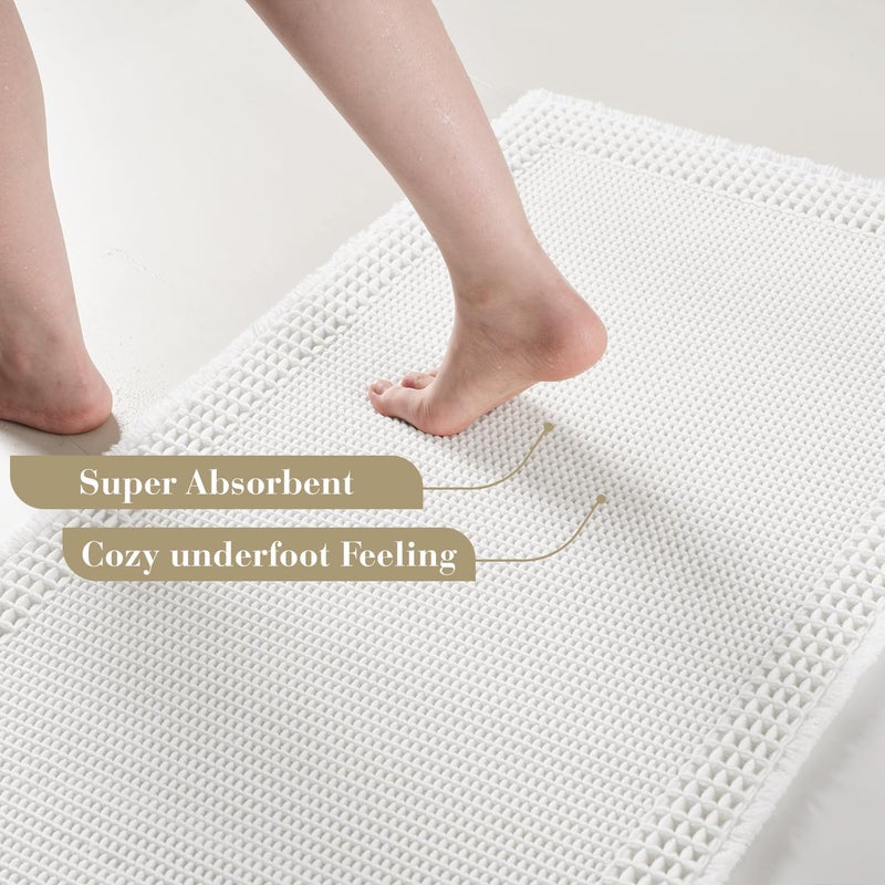 RESARE Waffle Bath Mat, Super Absorbent Non Slip, Machine Washable, Ultra Soft Boho Bath Rugs with Tassels, Upgraded Bordered Design, 17"x24" White - Image 3
