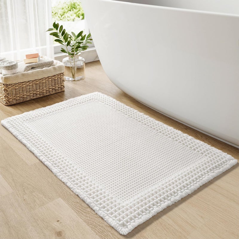 RESARE Waffle Bath Mat, Super Absorbent Non Slip, Machine Washable, Ultra Soft Boho Bath Rugs with Tassels, Upgraded Bordered Design, 17"x24" White - Image 1