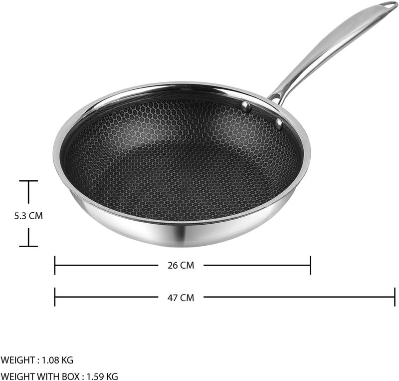 Tabakh VINOD PLATINUM PRO HONEYCOMB FRYPAN – 26 CM, TRIPLY STAINLESS STEEL, NON-STICK HONEYCOMB SURFACE, INDUCTION COMPATIBLE, DURABLE & EASY TO CLEAN, TP/NTNSFP-26 - Image 4