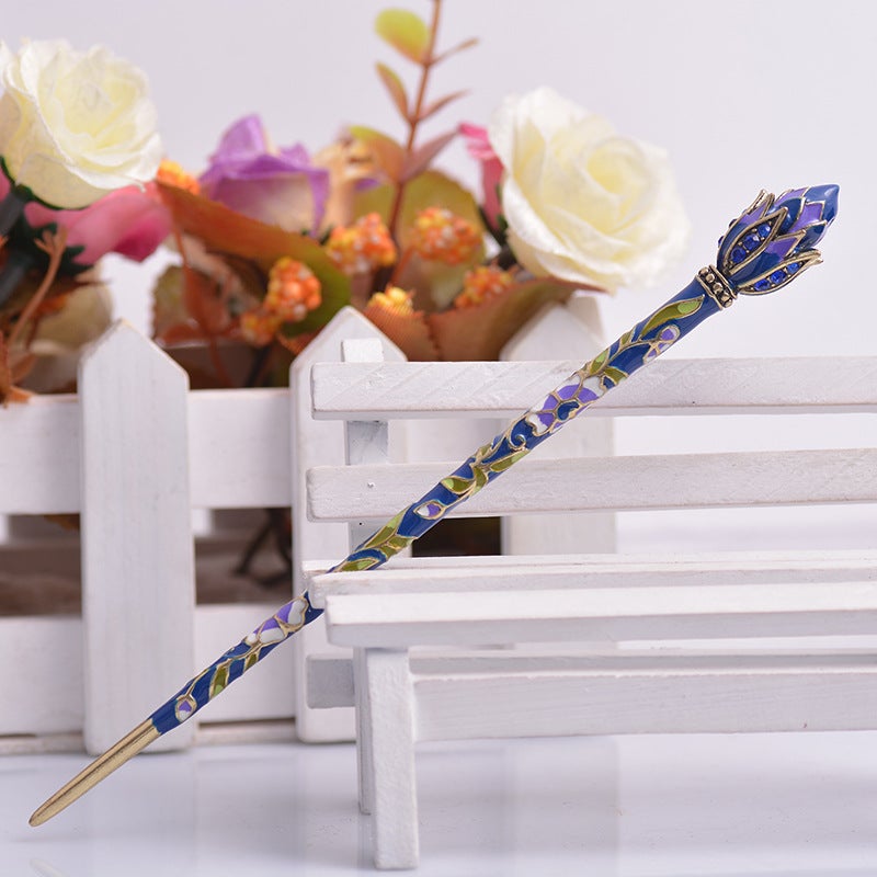 Generic Factory wholesale Korean version of cloisonne Lotus Hanfu hairpin scenic spot hairpin alloy jewelry womens headdress plate hair wholesale Blue 