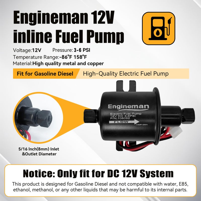 ENGINEMAN Universal Electric Fuel Pump Kit 12V 3-6 PSI Low Pressure with Fuel Filter 6.56 FT 5/16" ID Fuel Line Replacement For Carburetor Lawn Mower Gas Diesel Fuel Transfer Pump - Image 2