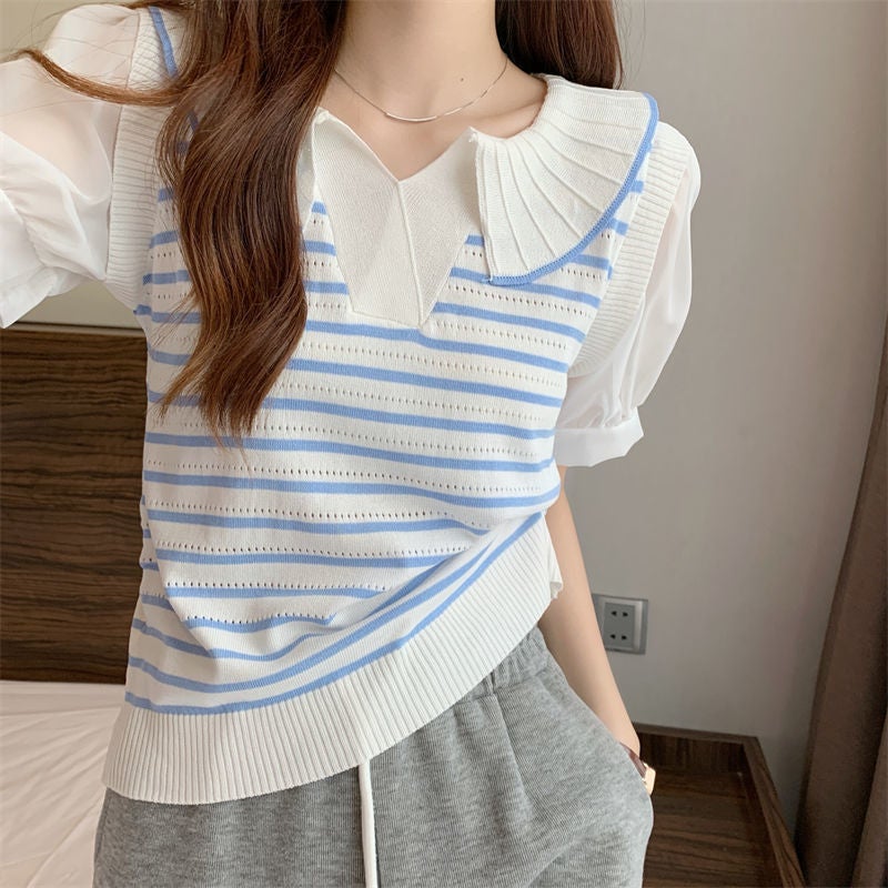 Chic Striped Two-Piece Polo Tee Crop Top Womens Summer Green Stripe - Image 2