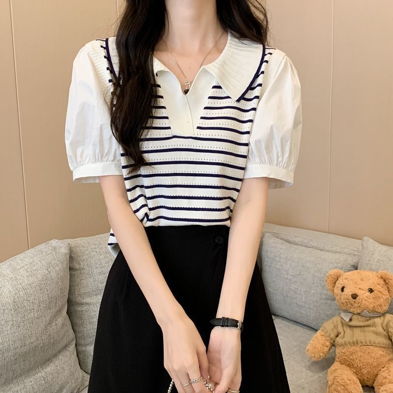 Chic Striped Two-Piece Polo Tee Crop Top Womens Summer Green Stripe - Image 3