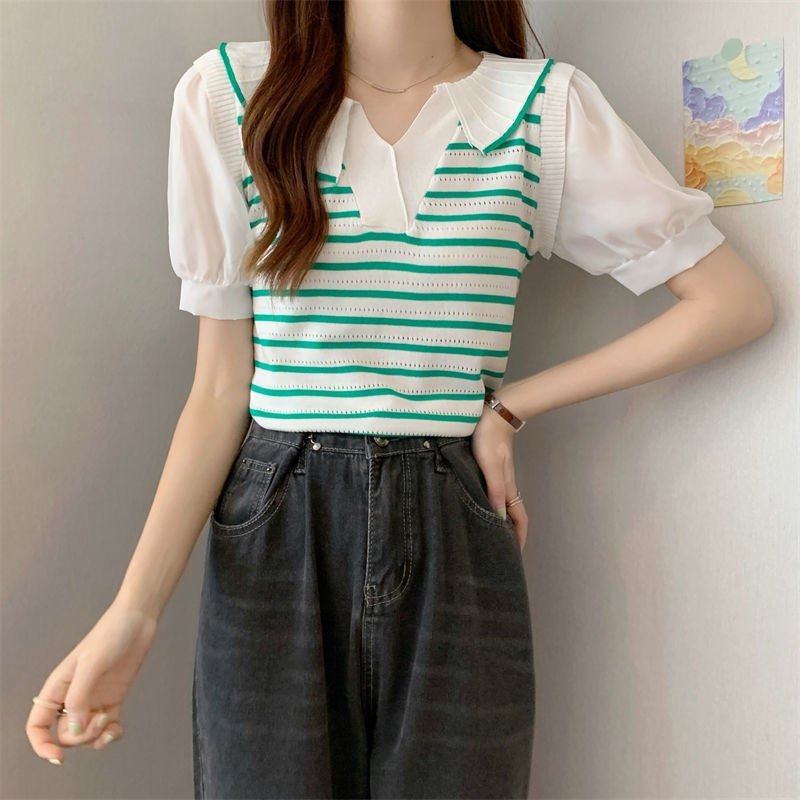 Chic Striped Two-Piece Polo Tee Crop Top Womens Summer Green Stripe - Image 1