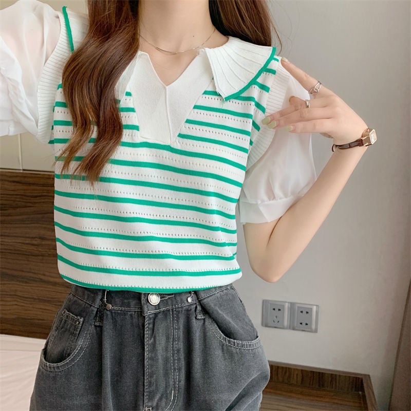Chic Striped Two-Piece Polo Tee Crop Top Womens Summer Green Stripe - Image 4