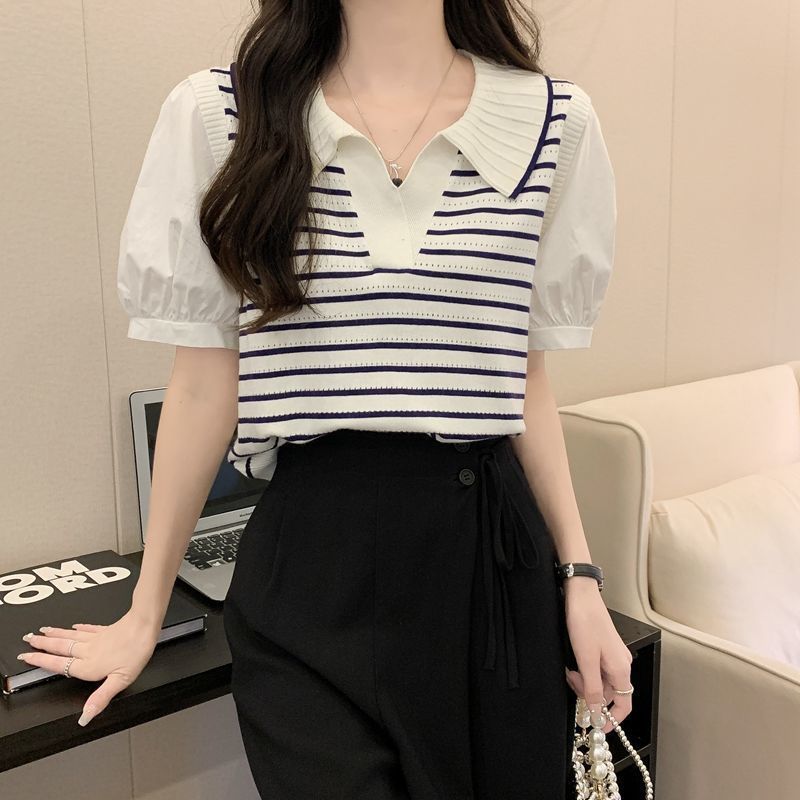 Chic Striped Two-Piece Polo Tee Crop Top Womens Summer Green Stripe - Image 5