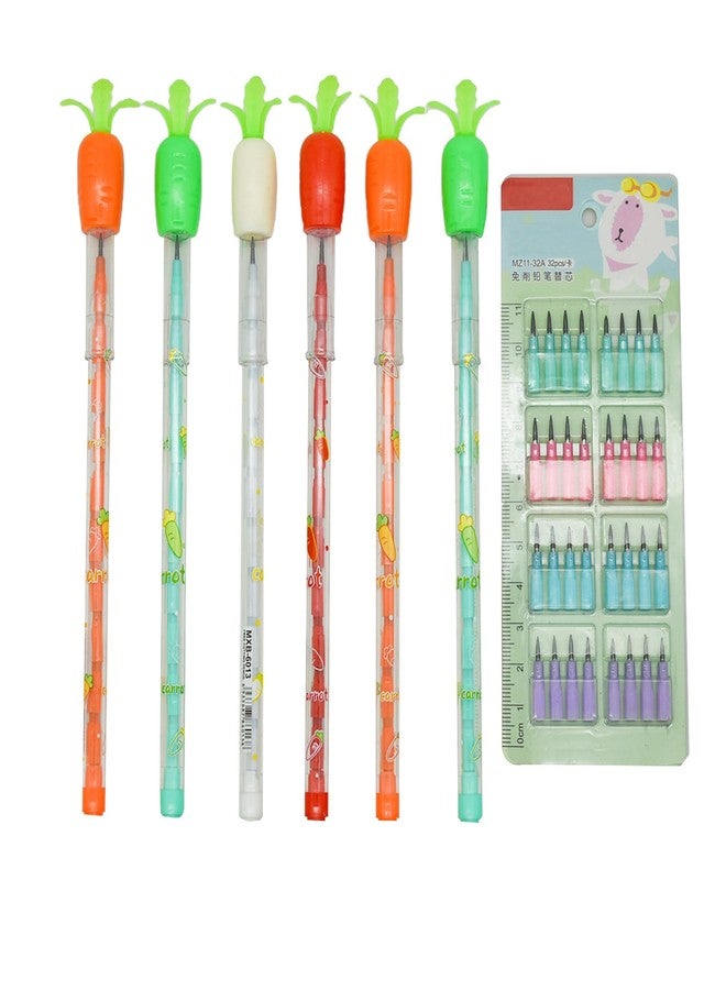 Lopenle Novelty Stacking Pencils Carrot Pencil Fruits Radish Stackable Pencil 12 Pieces With 64 Extra Refills For Office Using Supplies. - Image 1