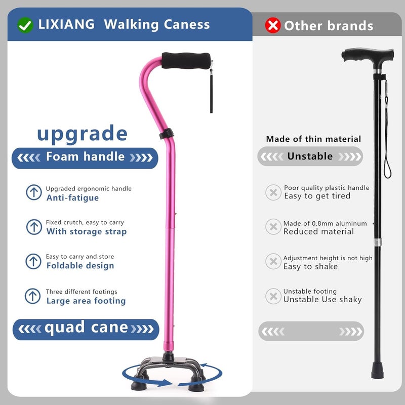 LIXIANG Unisex Walking Canes, Foldable, Adjustable, 4-pronged Base, Foam Handles Heavy Duty Stable Walker for Seniors and Adults Canes for Men for Stability - Image 2