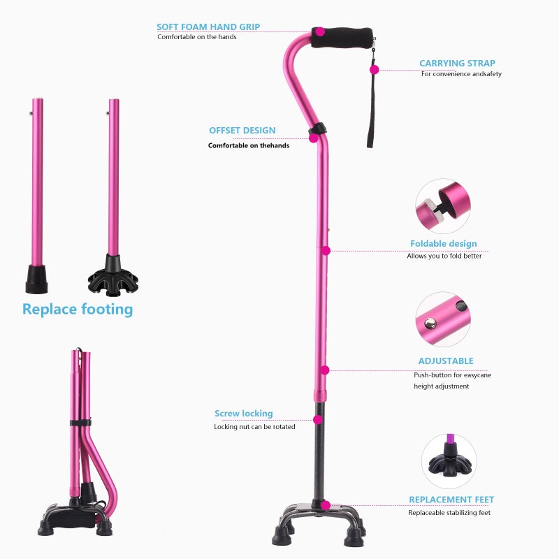 LIXIANG Unisex Walking Canes, Foldable, Adjustable, 4-pronged Base, Foam Handles Heavy Duty Stable Walker for Seniors and Adults Canes for Men for Stability - Image 5